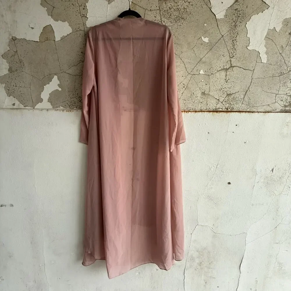 Kimono Robe Duster Long Embroidered‎ Lace Trim Romantic Sheer Blush Pink - Picture 2 of 6